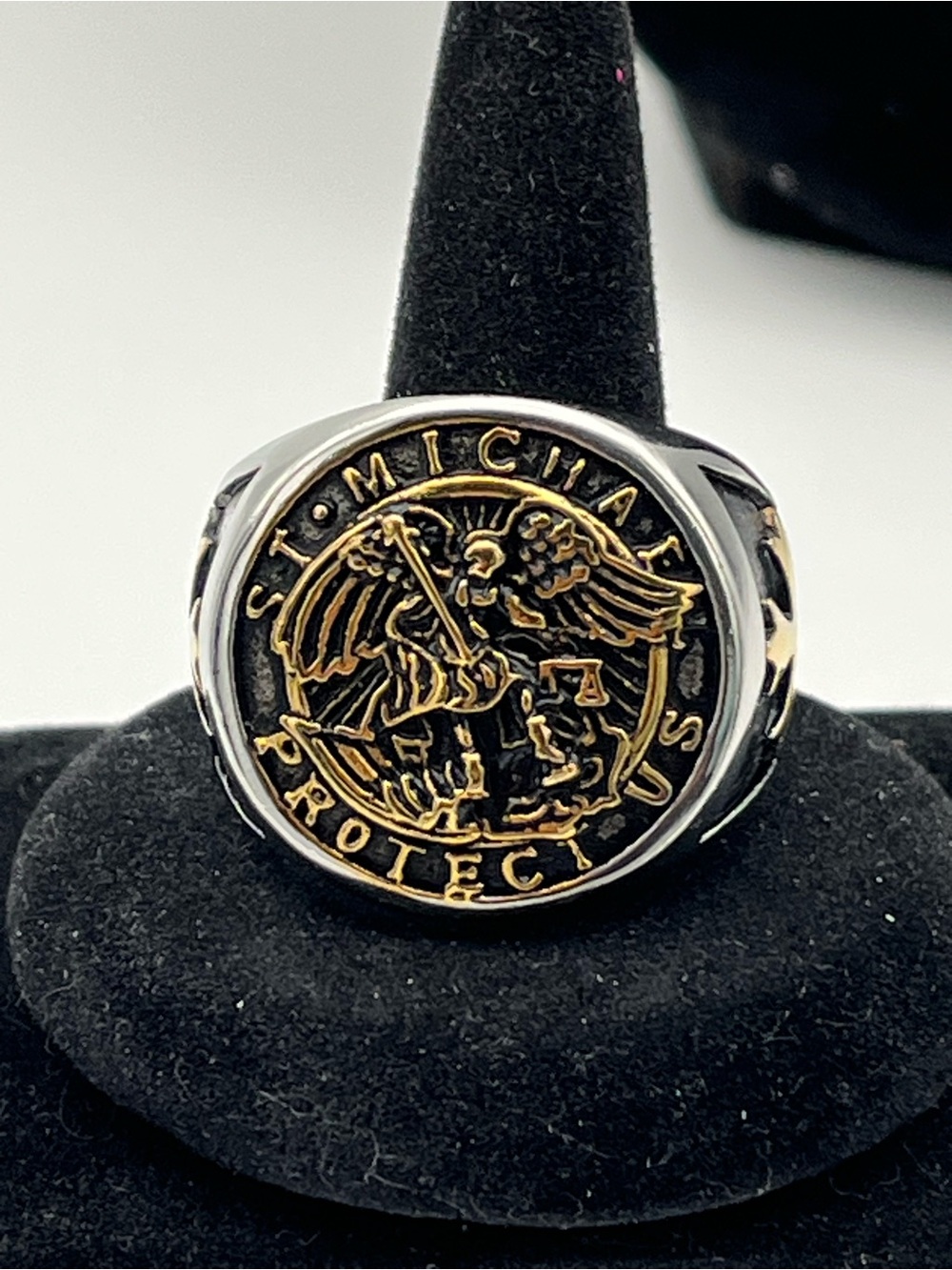 Stainless Steel St. Michael Protector Two-Tone Signet Ring - Black and Gold